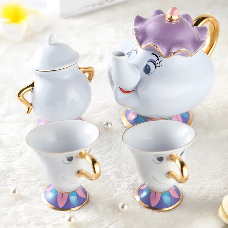[ 1 Pot + 2 Cups+ Sugar Bowl ] Cartoon Beauty And The Beast Tea Set Mrs Potts Chip Cup Coffee Mug Cute Xmas Birthday Gift | Дом и сад