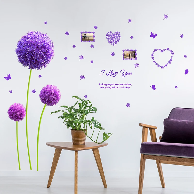 Фото [SHIJUEHEZI] Фиолетовый Одуванчик цветы наклейки на стену для дома - купить