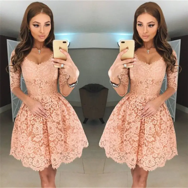 Peach Homecoming Dresses A-line V-neck Half Sleeves Lace Short Mini Elegant Cocktail Dresses
Peach Homecoming Dresses A-line V-neck Half Sleeves Lace Short Mini Elegant Cocktail Dresses