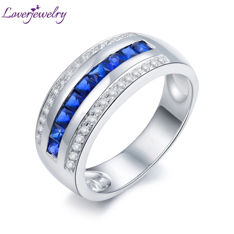 

LOVERJEWELRY Fancy Ring For Men Solid 14k White Gold 0.80ct Blue Sapphire Diamond Wedding Anniversary Engagement Ring SR0009