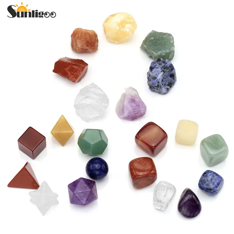 Sunligoo 7 Chakra Raw Stones+7 Chakra Tumbled Irregular Natural Stones+7 Chakra Crystal Plantonic Solids Geometry Decoration Set
Sunligoo 7 Chakra Raw Stones+7 Chakra Tumbled Irregular Natural Stones+7 Chakra Crystal Plantonic Solids Geometry Decoration Set
