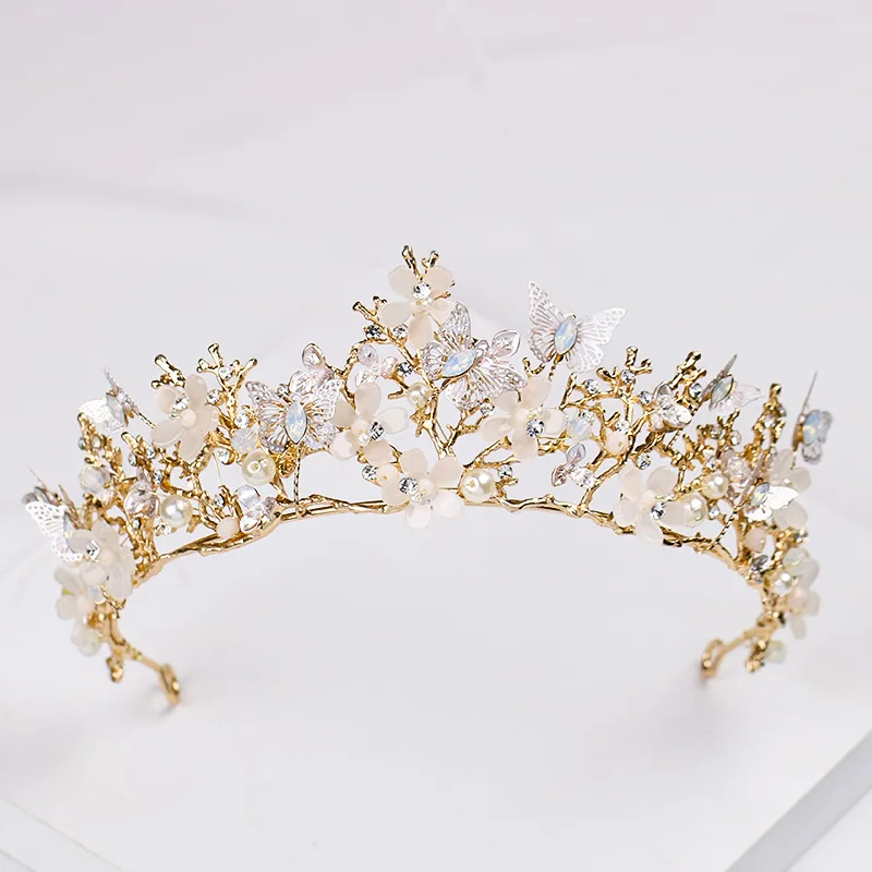 

KMVEXO Baroque Gold Color Butterfly Crown Flowers Wedding Prom Tiara Headband Pearl Bridal Headpieces Brides Hair Accessories