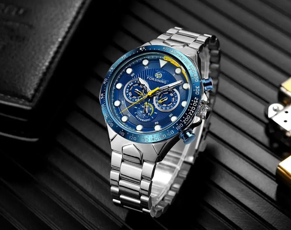 FORSINING Business Men's Luxury Silver Steel Strap Eyes Blue Dial Three-Point Men's Automatic Mechanical Wrist Watch
FORSINING Business Men's Luxury Silver Steel Strap Eyes Blue Dial Three-Point Men's Automatic Mechanical Wrist Watch