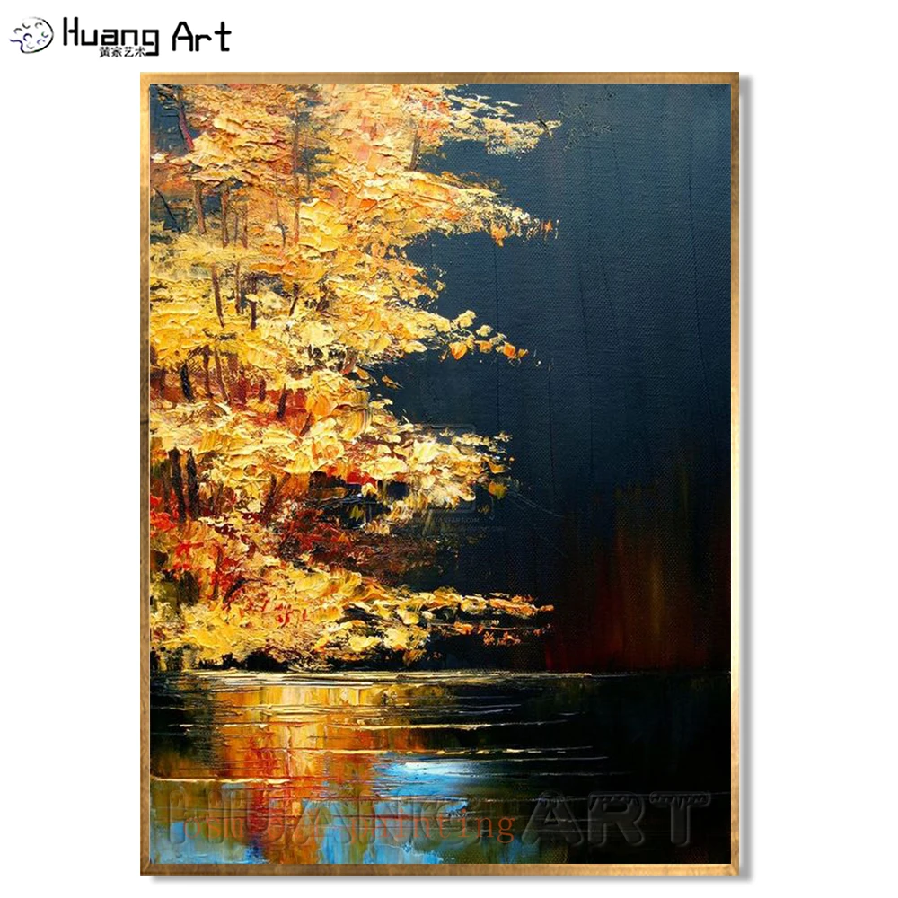 

Handmade Amazing Art Knife Oil Paintings on Canvas Yellow Sunrise Light Bloom Tree Landscape Hang Painting Lakeside Picture