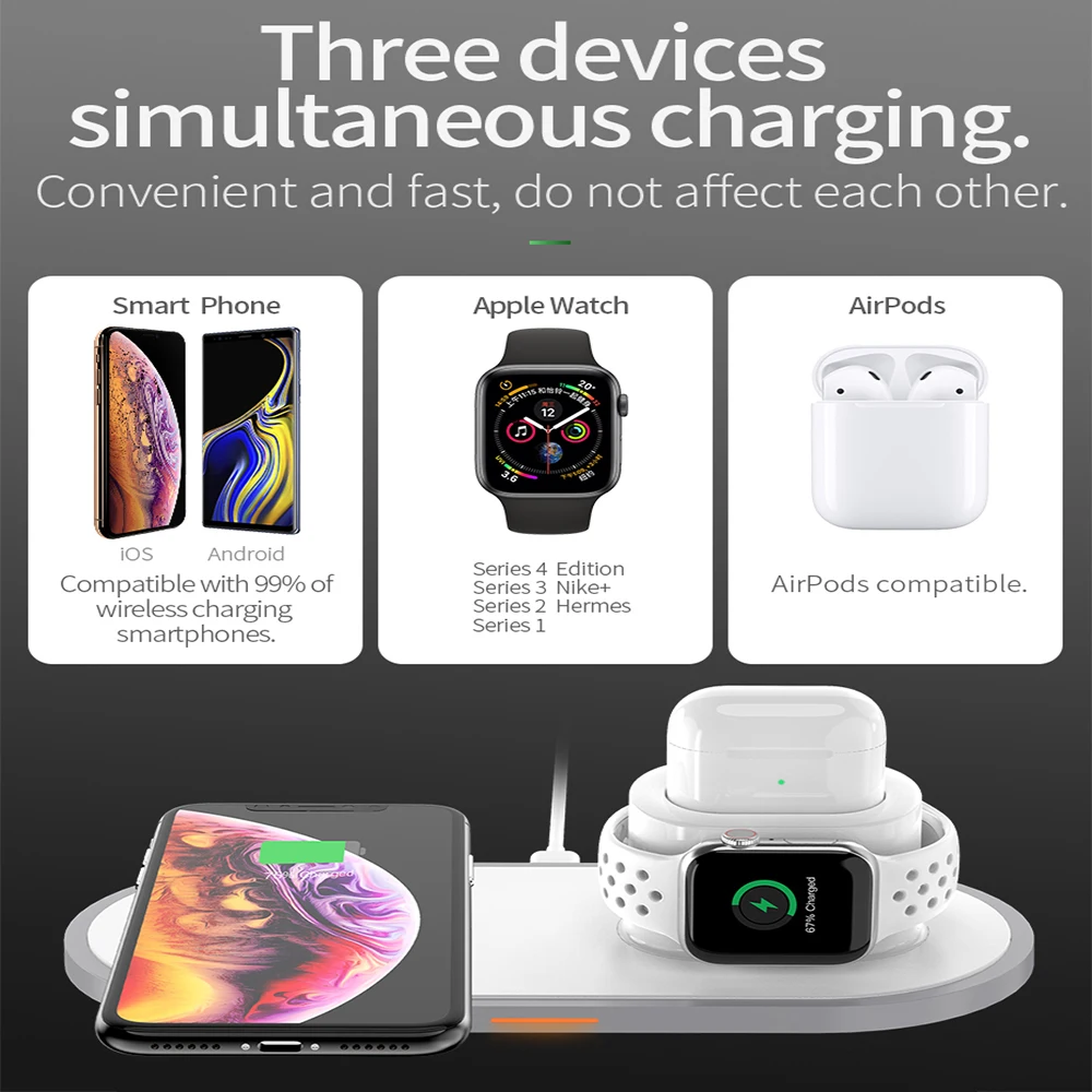 Беспроводное зарядное устройство 3 в 1 для Apple Watch 4 2 быстрое Airpods Iphone X Xs Max 8 Qi
