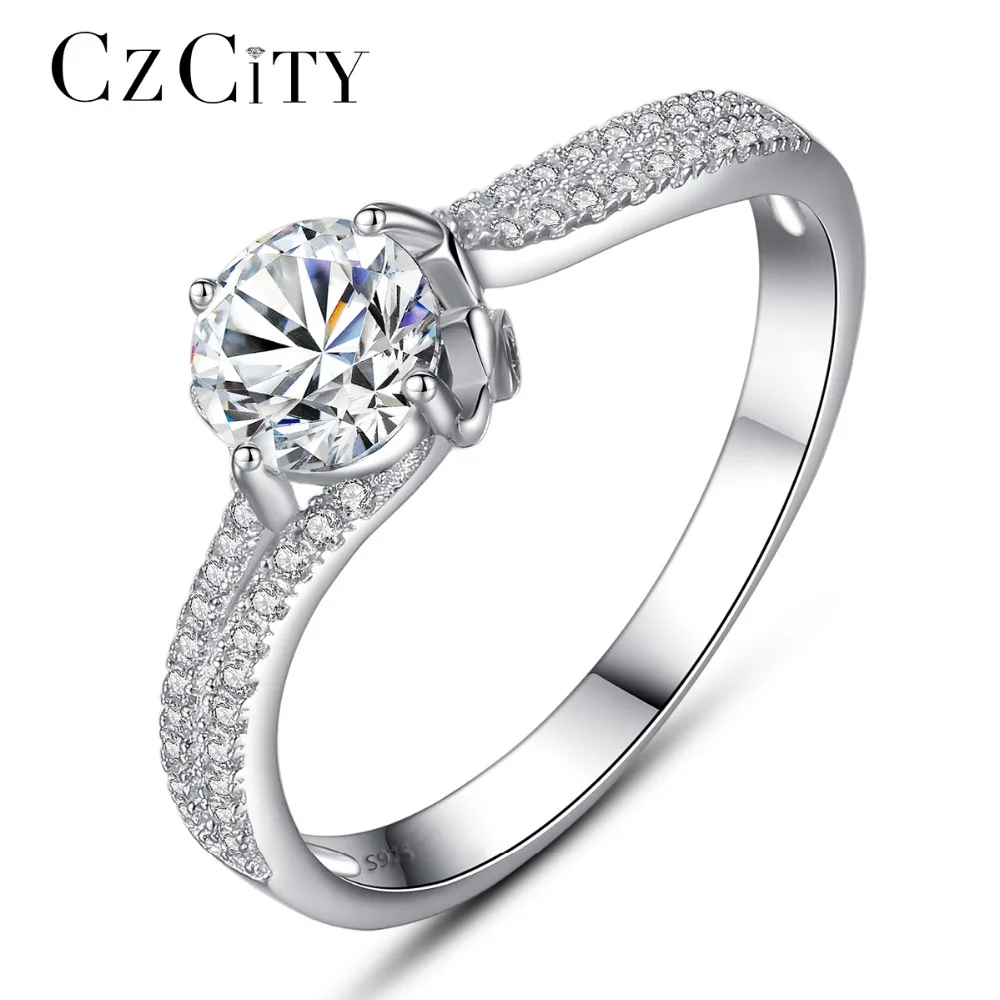 

CZCITY Wedding Rings for Women Tiny CZ Paved with 1 Carat Cubic Zircon 925 Sterling Silver Femme Engagement Finger Rings Jewelry