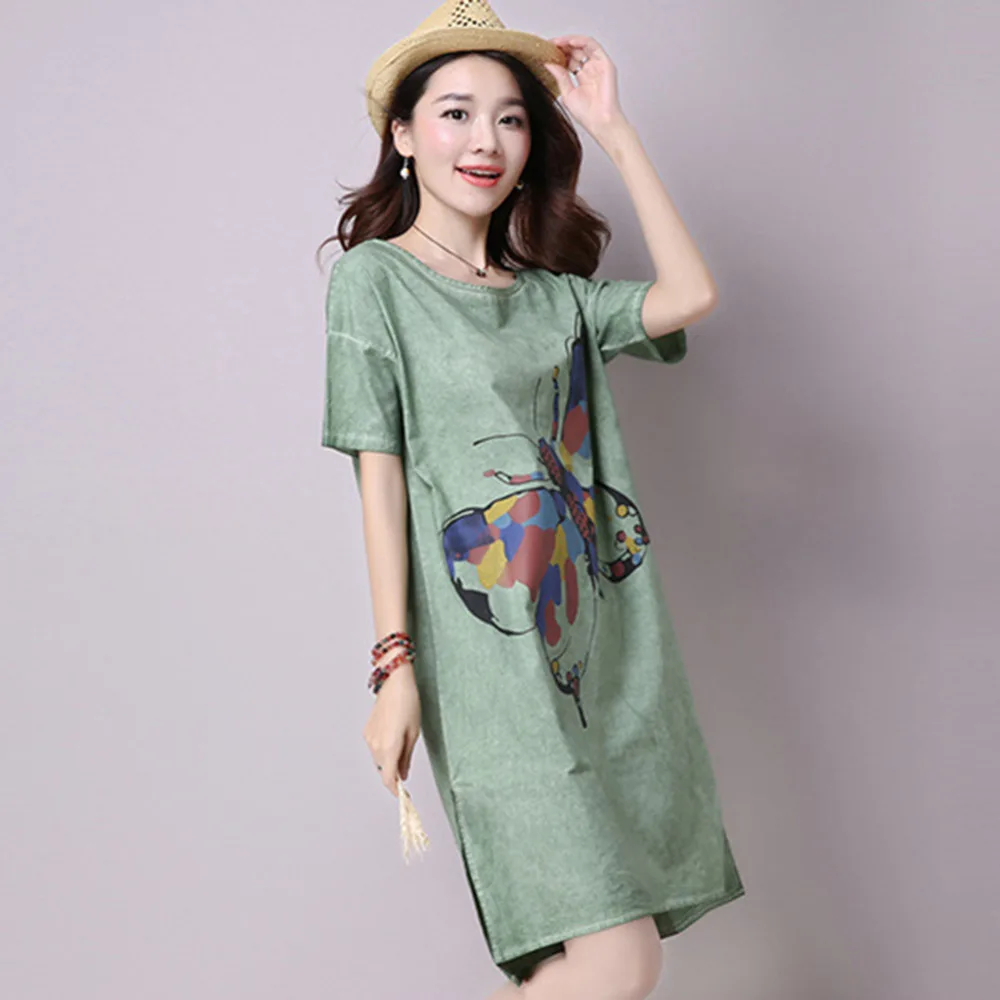 Женщины летняя мода бабочка отпечатано свободные туника белье хлопок китайский