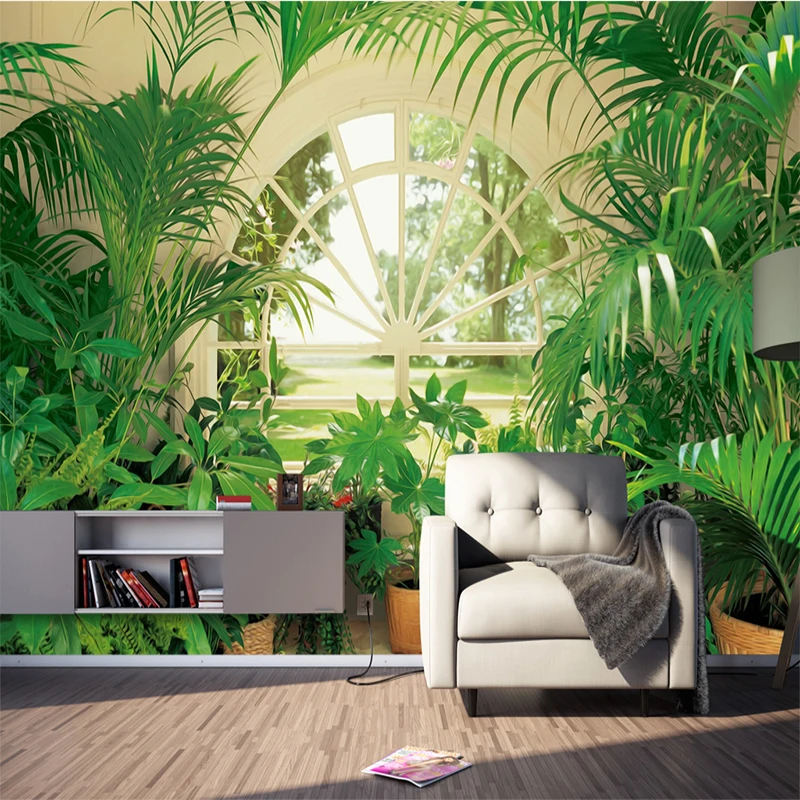 

Customize Any Size 3D Wallpaper Living Room Sofa Wall Surface Modern Nordic Green Plant Window Pastoral Background Mural Tapety