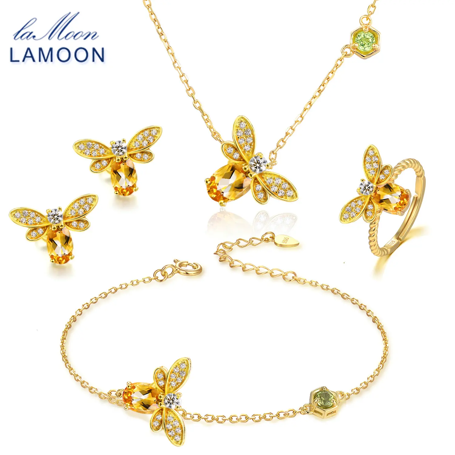 LAMOON Lovely Bee Natural Citrine Jewelry Sets For Women 925 Sterling Silver Gemstone Ring Earring Necklace Bracelet Jwelry Set
LAMOON Lovely Bee Natural Citrine Jewelry Sets For Women 925 Sterling Silver Gemstone Ring Earring Necklace Bracelet Jwelry Set