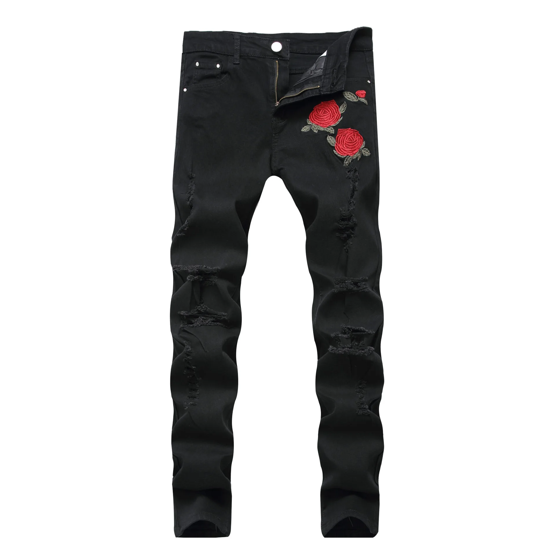 Trade New Embroidery Roses Cowboy Hole Black Stretch Jeans Men Fashion Streetwear Hip Hop Skinny Distressed Denim Trousers
Trade New Embroidery Roses Cowboy Hole Black Stretch Jeans Men Fashion Streetwear Hip Hop Skinny Distressed Denim Trousers