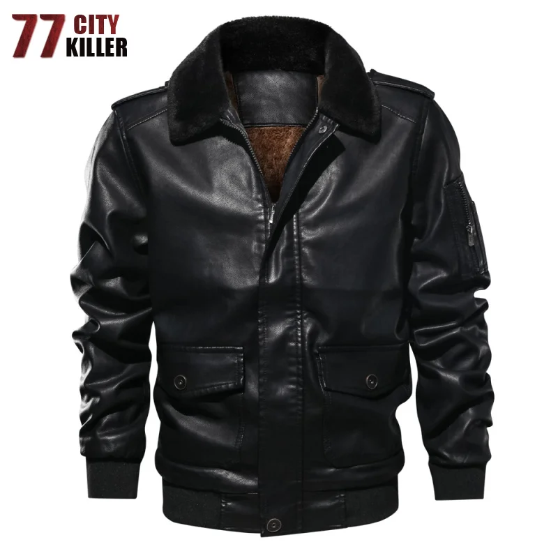 

Куртка-бомбер мужская утепленная из искусственной кожи, куртка-пилот в стиле милитари с меховым воротником, летняя куртка-пилот 77city killer, зим...