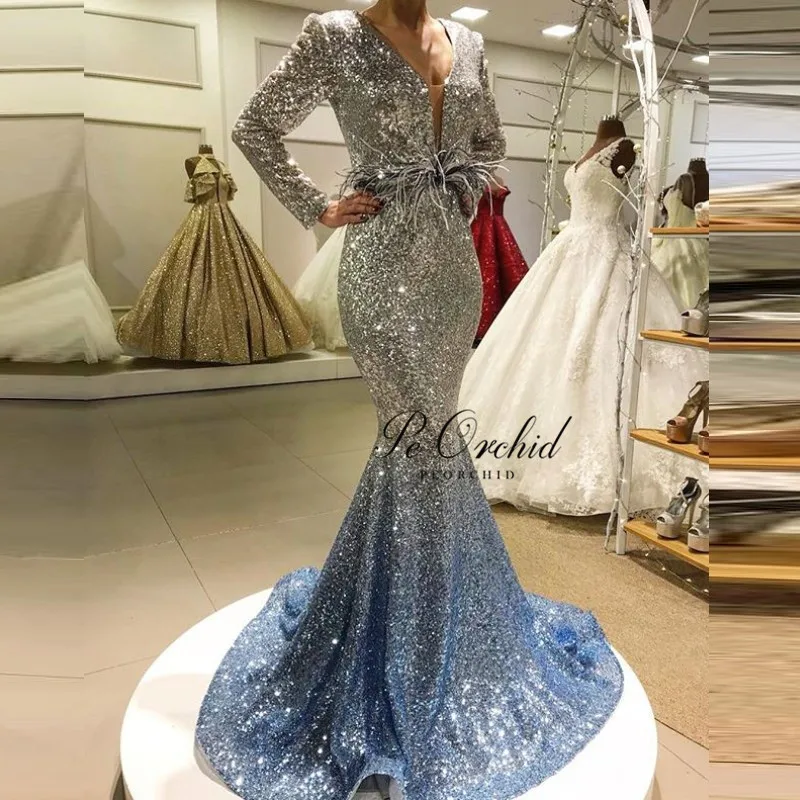 PEORCHID Shiny Gradient Mermaid Long Sequined Evening Dresses Feather V-Neck Long Sleeves Simple 2019 Ombre Prom Party Dress
PEORCHID Shiny Gradient Mermaid Long Sequined Evening Dresses Feather V-Neck Long Sleeves Simple 2019 Ombre Prom Party Dress