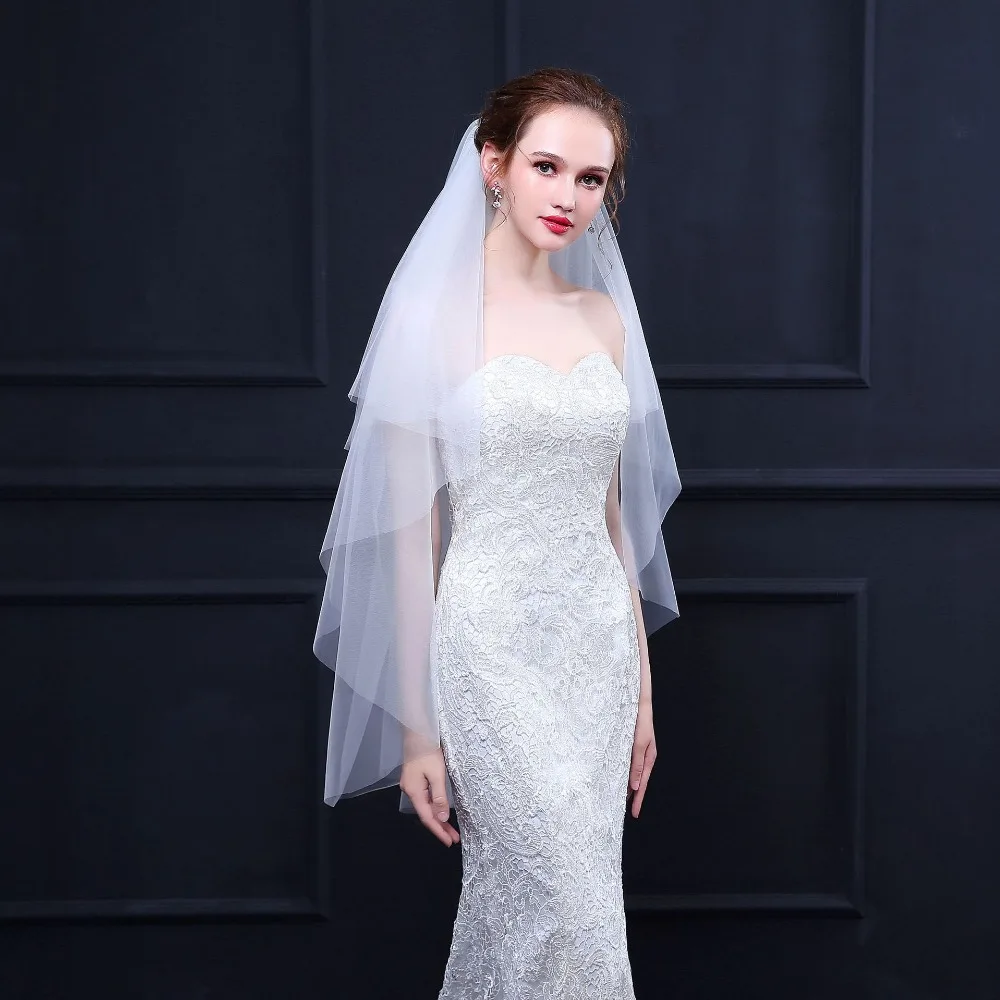 JaneVini Simple Cheap Ivory/White Wedding Veils Two Layers with Comb Elbow Length Veil Short Tulle Bridal Accessories | Свадьбы и