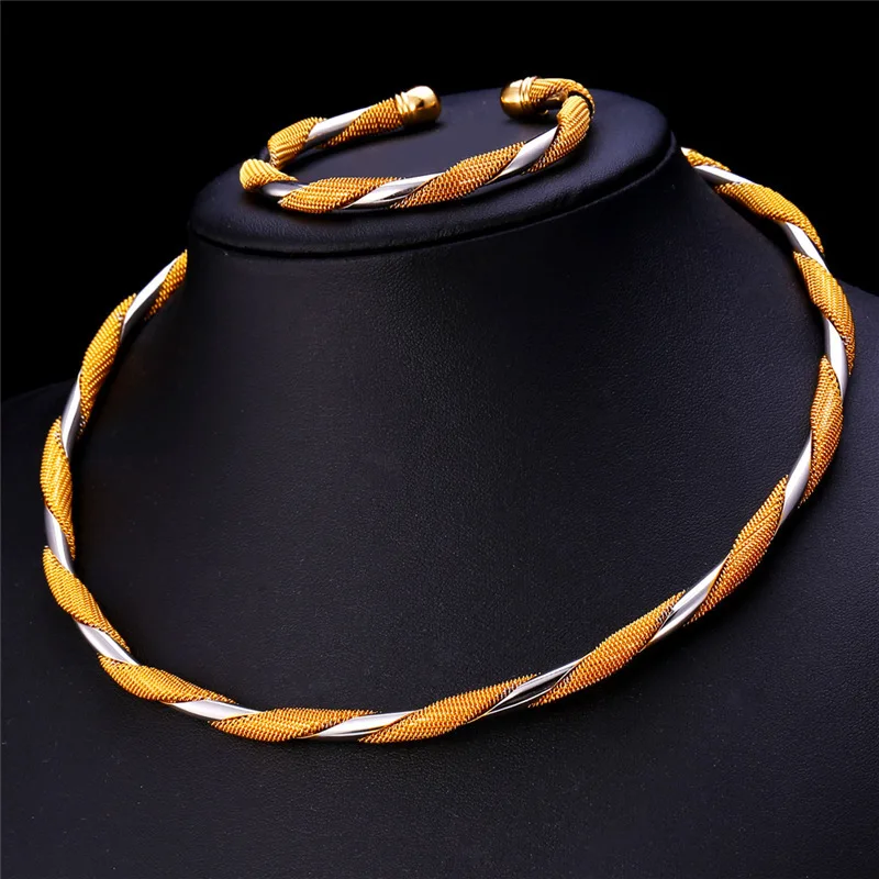 Two-Tone Cuff Bracelet & Choker Necklace Set Gift Women Men Trendy Gold Color Cuff Bangle Torques Italy Jewelry Set NH1174
Two-Tone Cuff Bracelet & Choker Necklace Set Gift Women Men Trendy Gold Color Cuff Bangle Torques Italy Jewelry Set NH1174