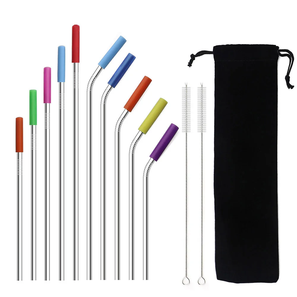 

Hot Sale 16/19/21/23/26cm 304 Stainless Steel Reusable Metal Straw Straight/Bent Drinking Straws With Silicone Tips