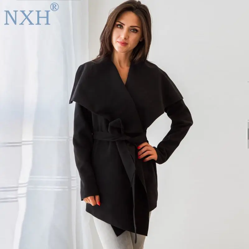 NXH new fashion women mid-long coat ladies coats wool jacket Suede cape windbreak cashmere Belt trench | Женская одежда
