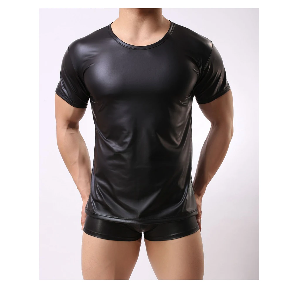 Сексуальные облегающие мужские футболки из ПВХ кожи нижнее белье сексуальная