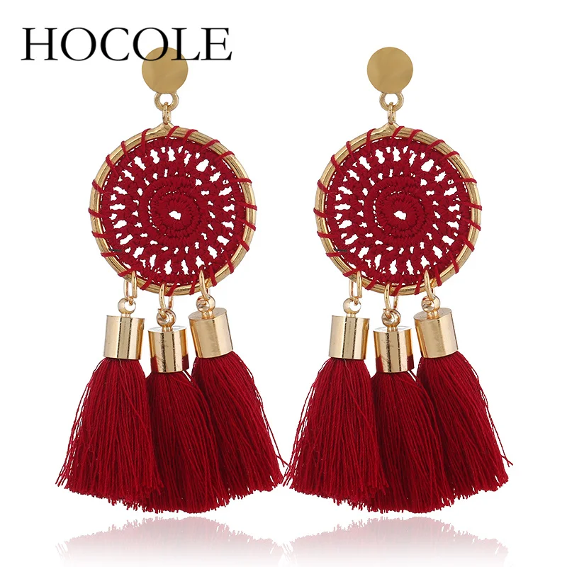 

HOCOLE New Bohemian 5 Color Long Tassel Earrings Fashion Nets Weaving Fringed Statement Drop Dangle Earrings For Women Oorbellen