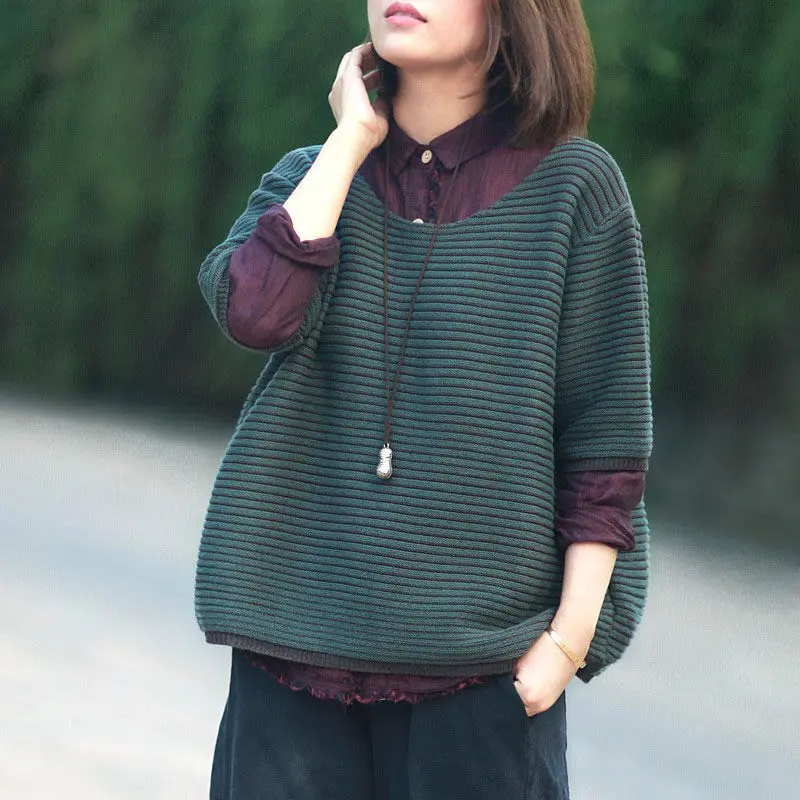 New Art Leisure Loose Large Size Women's Striped Sweater Round Neck Pullover Half Sleeve Shirt Autumn New Style Knit Blusa f1084
New Art Leisure Loose Large Size Women's Striped Sweater Round Neck Pullover Half Sleeve Shirt Autumn New Style Knit Blusa f1084