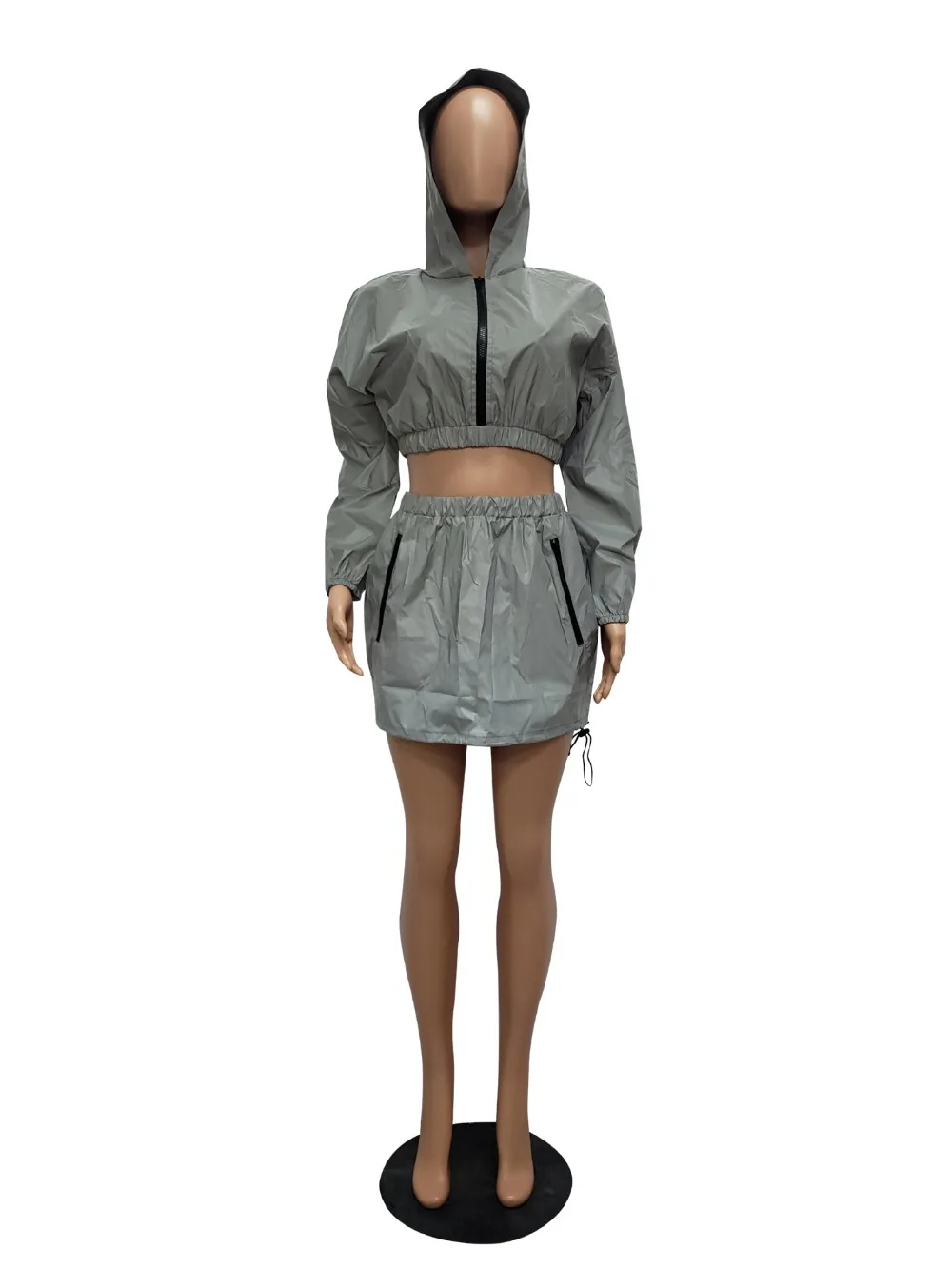 Solid Reflective Women Set Casual Long Sleeve O Neck With Cap Crop Top With Mini Skirts Two Piece Set Night Club Suit Female Set
Solid Reflective Women Set Casual Long Sleeve O Neck With Cap Crop Top With Mini Skirts Two Piece Set Night Club Suit Female Set