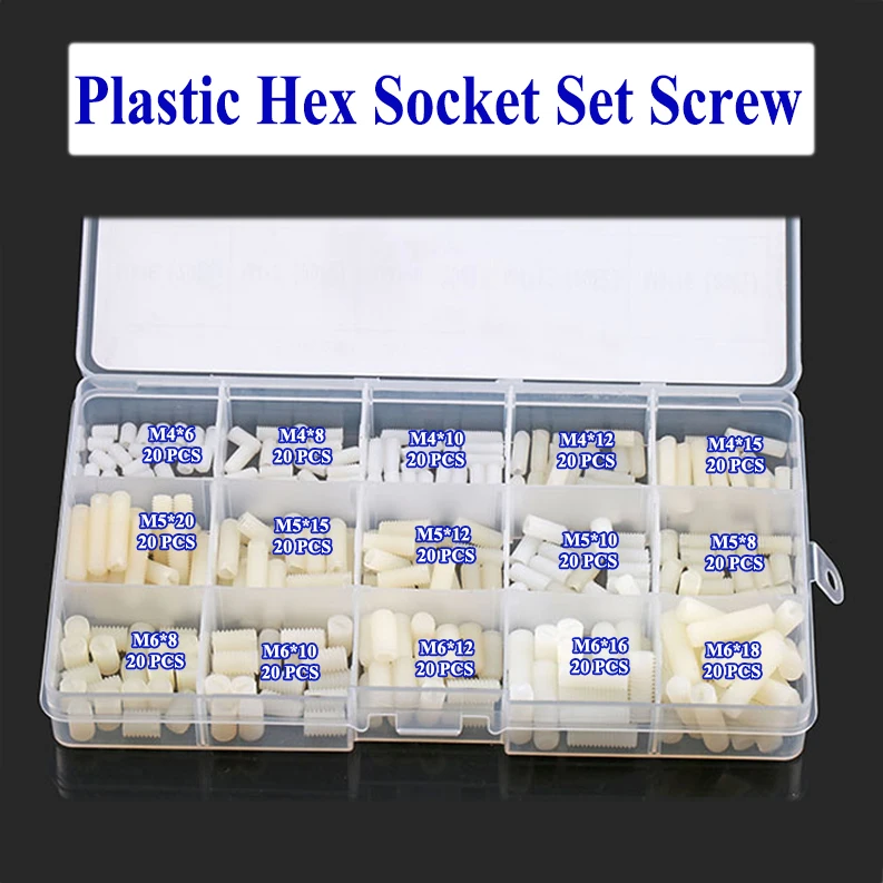 300PCS/Set Plastic Hex Socket Set Screw Plastic M4 M5 M6 Nylon Allen Head Socket Hex Set Grub Screw DIN916 cup set grub screw
300PCS/Set Plastic Hex Socket Set Screw Plastic M4 M5 M6 Nylon Allen Head Socket Hex Set Grub Screw DIN916 cup set grub screw