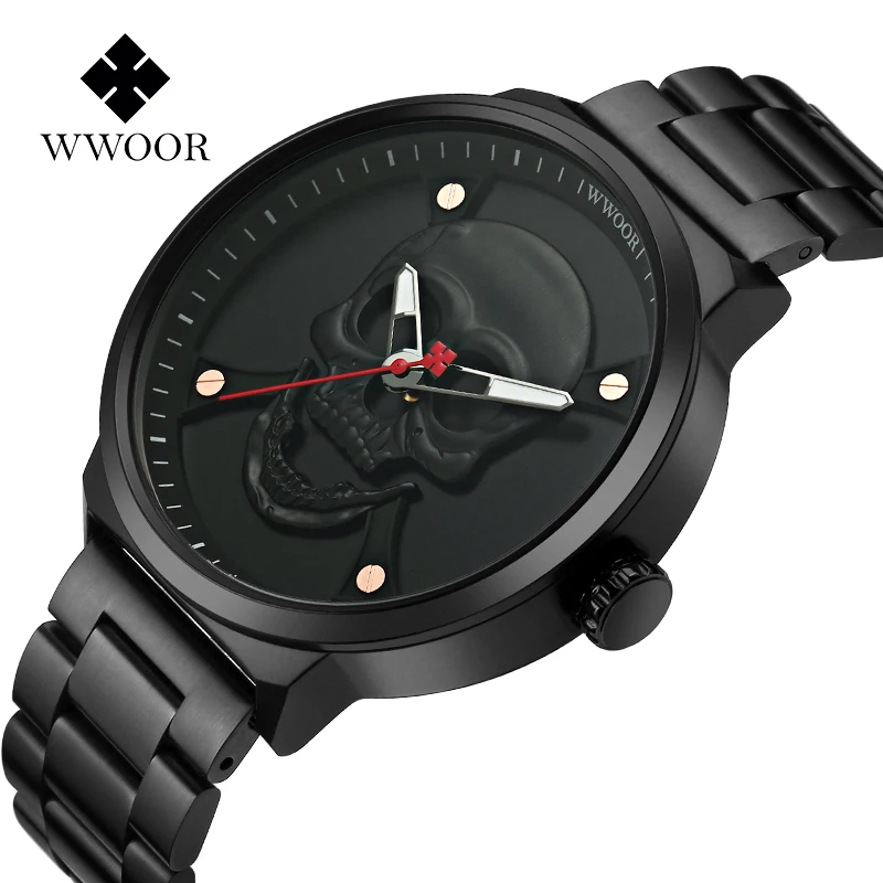 2018 креативный 3D череп мужские часы бренд WWOOR Роскошные полностью стальные черные
