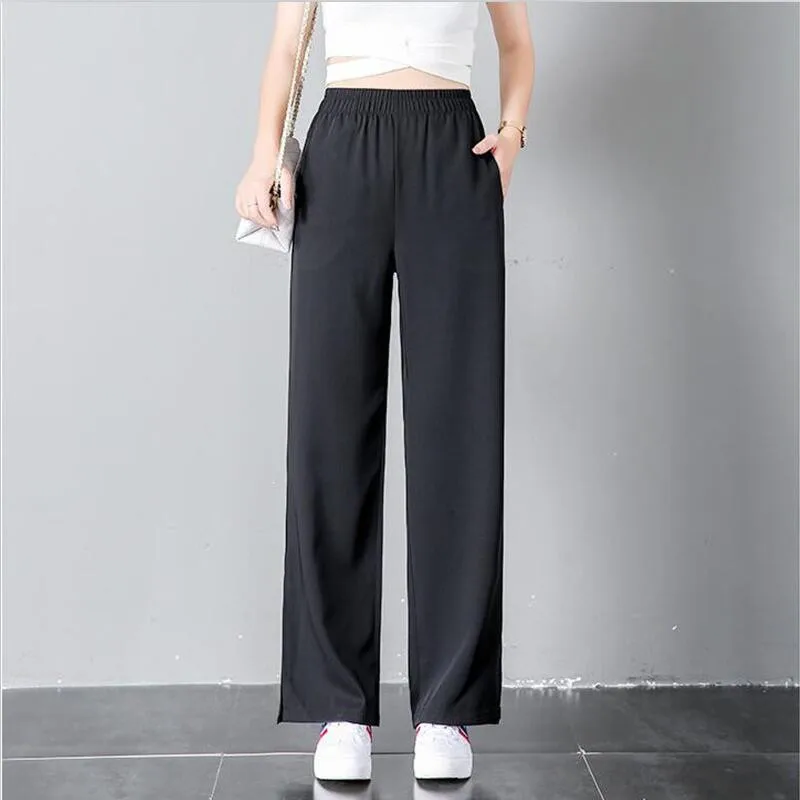 2022 Women Casual Straight pants Black Chiffon High Elastic Waist Trouser Leg Open Fork Full Length Pants Pants
2022 Women Casual Straight pants Black Chiffon High Elastic Waist Trouser Leg Open Fork Full Length Pants Pants