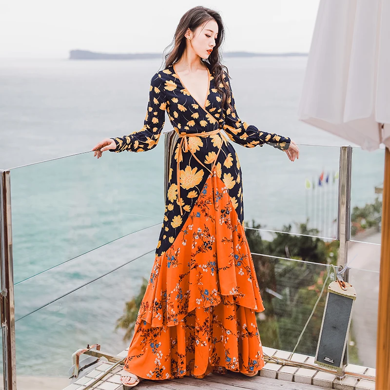 2019 New Boho Style Long Dress V-neck Floral Printing Long Sleeve Ruffles Mermaid Maxi Dress Elegant Summer Dress Vestidos Robe
2019 New Boho Style Long Dress V-neck Floral Printing Long Sleeve Ruffles Mermaid Maxi Dress Elegant Summer Dress Vestidos Robe