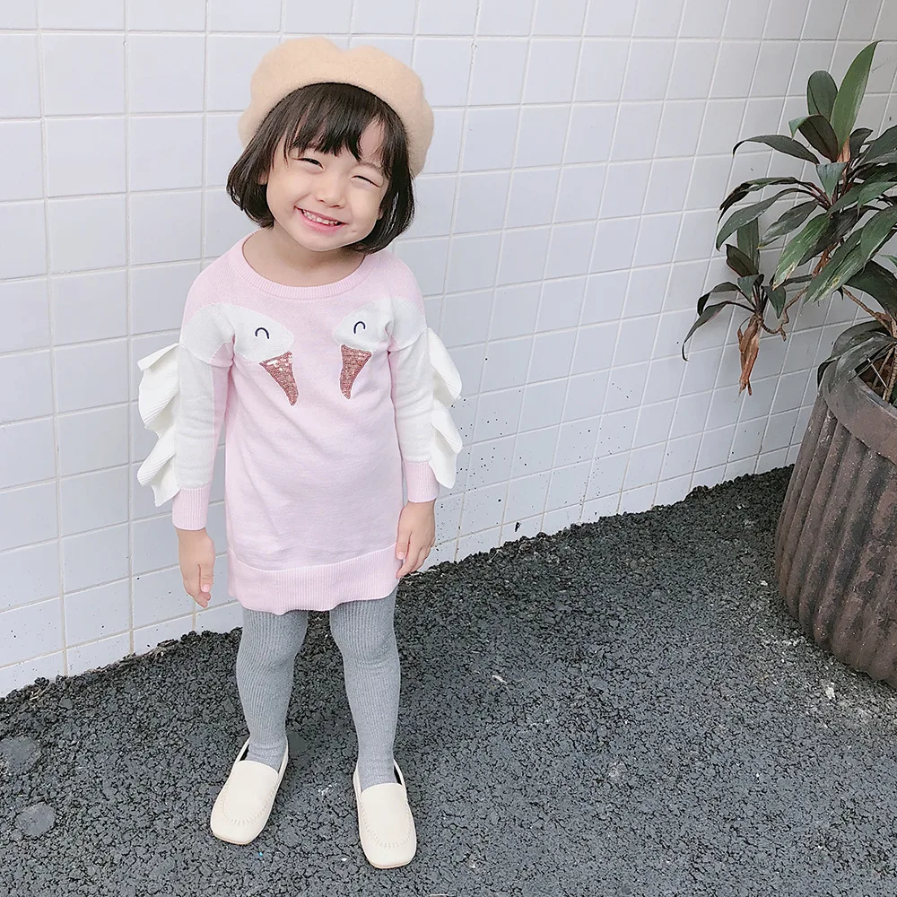 new 2019 children dress autumn girl clothes baby knitted sweater swan sleeve girls for 2~6age pullover | Мать и ребенок