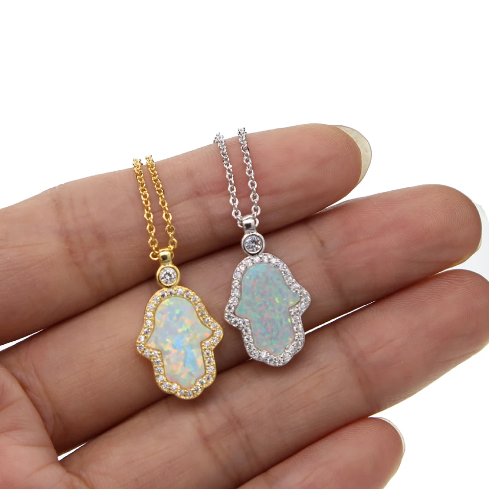 

fashion 2017 turkish hamsa hand pendant necklaces women ladies delicate dainty gold silver color white fire opal stone necklace
