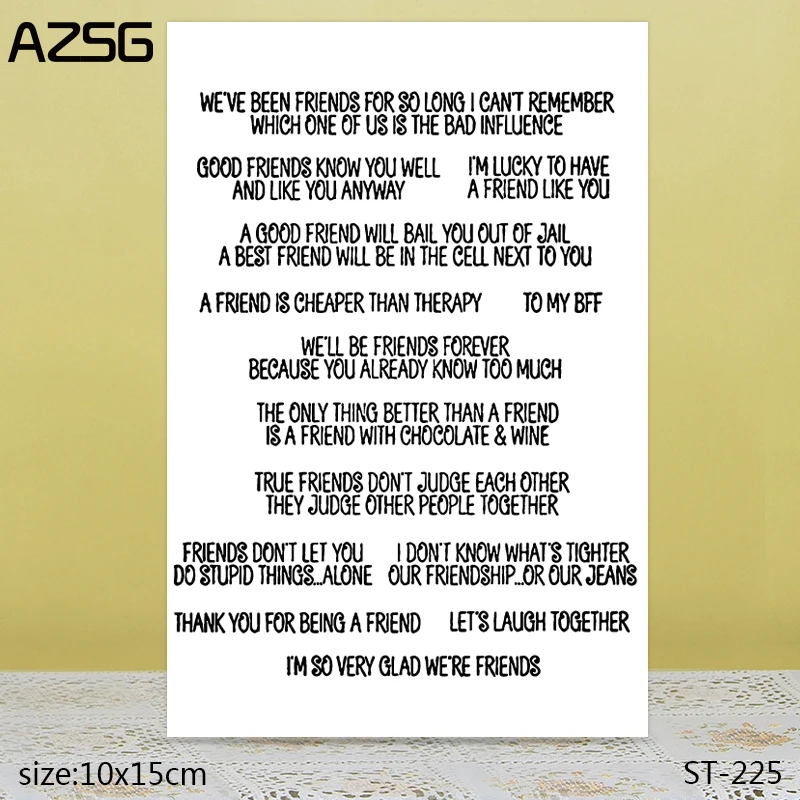 AZSG Precious Friendship / Good Friend Clear Stamps/Seal For DIY Scrapbooking/Card Making/Album Decorative Silicone Stamp Crafts
AZSG Precious Friendship / Good Friend Clear Stamps/Seal For DIY Scrapbooking/Card Making/Album Decorative Silicone Stamp Crafts