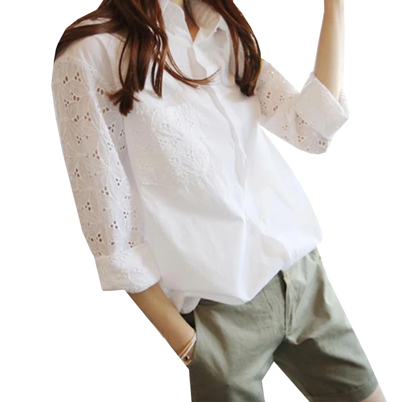 Женская кружевная блузка с длинным рукавом белая Повседневная Свободная