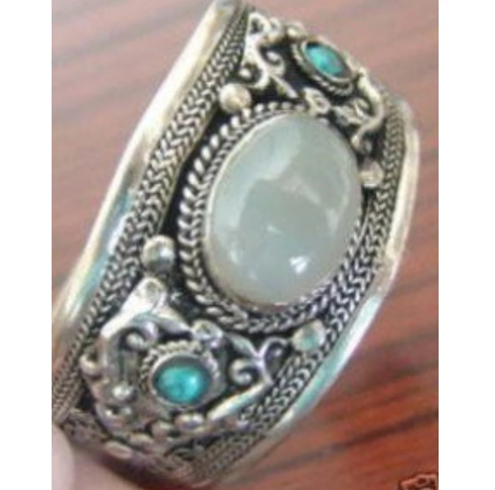 

hot sell new - Handcrafted Ethnic Carve dragon Men's tibet silver Moonstone Jewelry Turquoises cuff bracelet bangle