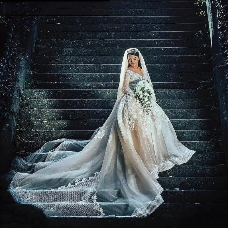 Luxury Champagne Wedding Dresses Saudi Arabia 2m train Long Sleeves Bridal Gowns Lace Appliques Tulle wedding Ball Gown
Luxury Champagne Wedding Dresses Saudi Arabia 2m train Long Sleeves Bridal Gowns Lace Appliques Tulle wedding Ball Gown