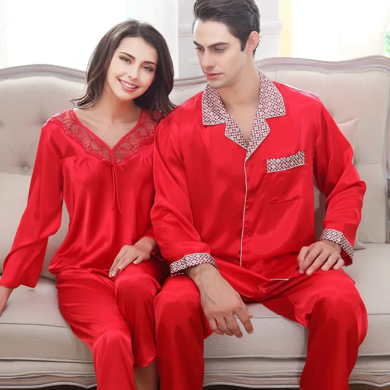Couples Silk Wedding Sleepwear Men's Nightgown Silkly Satin Mens Pajamas Classic Long Sleeved Homewear 2pcs D-2162 | Мужская одежда