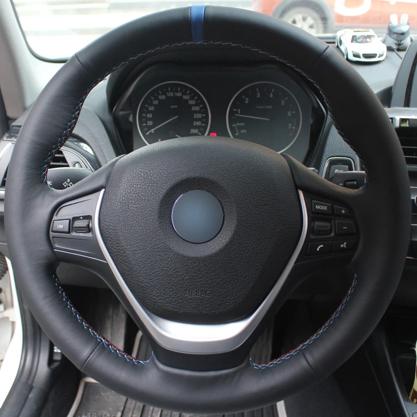 Hand sewing custom Black Leather Blue Marker Car Steering Wheel Cover for BMW F30 320i 328i 320d F20
Hand sewing custom Black Leather Blue Marker Car Steering Wheel Cover for BMW F30 320i 328i 320d F20