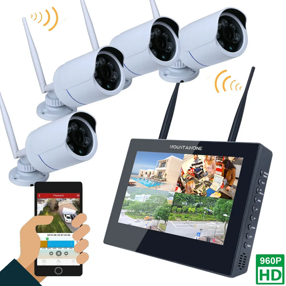 

10" TFT 4CH 960P HD Wireless DVR Video Security System (NVR Kits)-4 PCS 1.3MP Wireless Weatherproof Bullet IP Cameras
