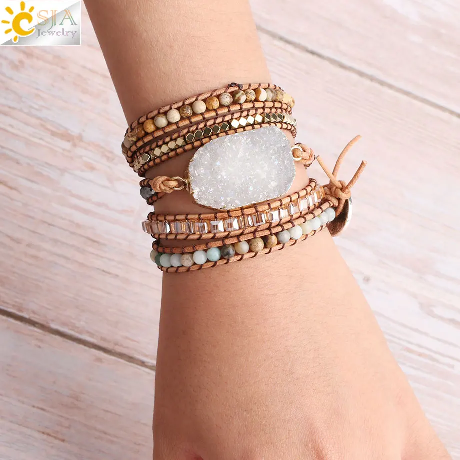 CSJA Boho Leather Wrap Bracelets for Femme White Crystal Bracelet Natural Stone Geode Druzy Beads Bohemian Wikkelarmband S424
CSJA Boho Leather Wrap Bracelets for Femme White Crystal Bracelet Natural Stone Geode Druzy Beads Bohemian Wikkelarmband S424