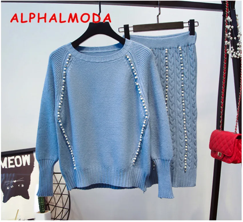 ALPHALMODA 2018 осенний женский свитер и юбка в новом стиле комплекты с отделкой из