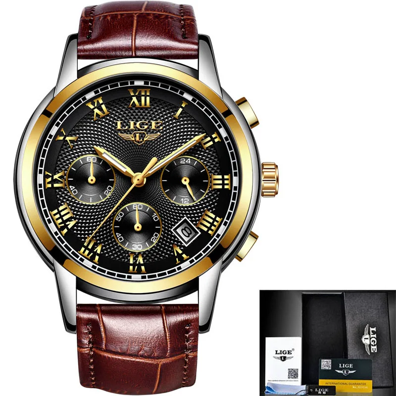 Мужские часы LIGE модные многофункциональные кварцевые с секундомером в стиле