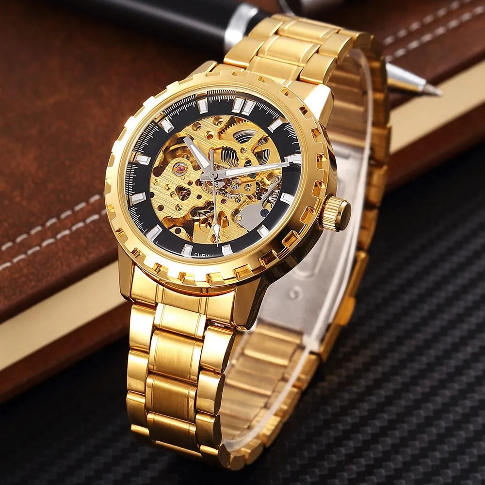 SHENHUA Men Brand Mechanical Watches Luxury Gold Skeleton Automatic Self Wind Wrist Watch For Men High Quality Alloy Gear Watch
SHENHUA Men Brand Mechanical Watches Luxury Gold Skeleton Automatic Self Wind Wrist Watch For Men High Quality Alloy Gear Watch