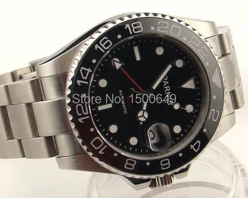 

Parnis 40mm black dial Red GMT hands Style Ceramic Bezel sapphire glass automatic mens watch 977