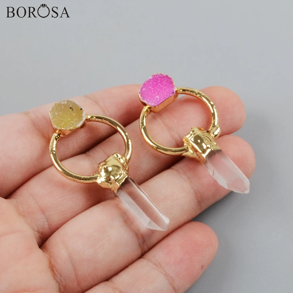 BOROSA 5PCS Mixed Color Gild Aura Druzy Crystal Quartz Point With Agates Drusy Titanium Rainbow Charm Pendants Bead G1808 | Украшения и