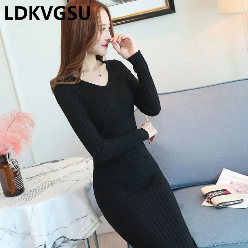 Knit Dress Female 2018 Autumn Winter New Slim Bottoming Knit Dress Simple Long-Sleeve V-Neck Women Sweater Dress Is1305
Knit Dress Female 2018 Autumn Winter New Slim Bottoming Knit Dress Simple Long-Sleeve V-Neck Women Sweater Dress Is1305