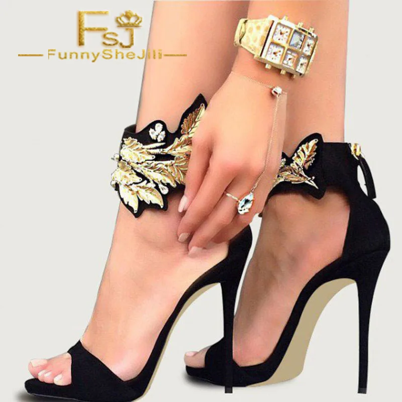 Black Ankle Strap With Buckle And Gold Appliques Peep Toe Stiletto Heels Suede Sandals Evening Club Elegant Woman Shoes 4-16 FSJ
Black Ankle Strap With Buckle And Gold Appliques Peep Toe Stiletto Heels Suede Sandals Evening Club Elegant Woman Shoes 4-16 FSJ