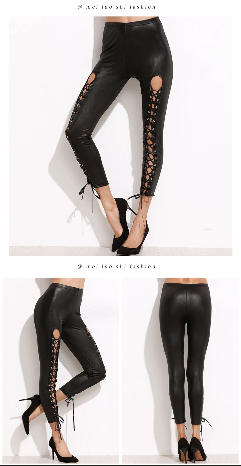 2019 New Spring Leggings Low Waist Front Tie with Emptied Imitation Leather Nine Pants Hh124 | Женская одежда