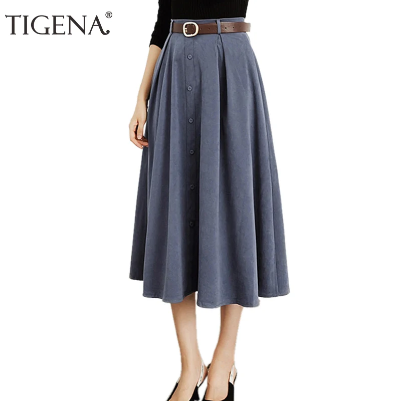 

Женская замшевая юбка-трапеция TIGENA, элегантная длинная юбка на пуговицах, с поясом, с высокой талией, синяя, желтая, хаки, черная, Осень-зима ...