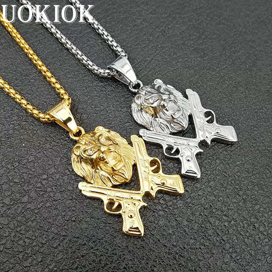 Hip Hop Iced Out Bling Lion Head Gun Pendant Necklace For Men Gold Color Stainless Steel Animal Necklace Hiphop Jewelry
Hip Hop Iced Out Bling Lion Head Gun Pendant Necklace For Men Gold Color Stainless Steel Animal Necklace Hiphop Jewelry