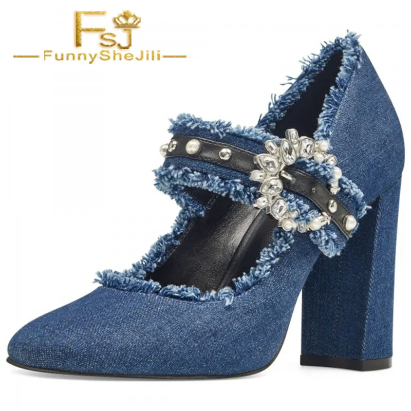 Blue Rhinestone Denim Mary Jane Shoes Round Toe Chunky Heel Pumps Pearl Spring Autumn Summer Anniversary Fashion FSJ Elegant
Blue Rhinestone Denim Mary Jane Shoes Round Toe Chunky Heel Pumps Pearl Spring Autumn Summer Anniversary Fashion FSJ Elegant