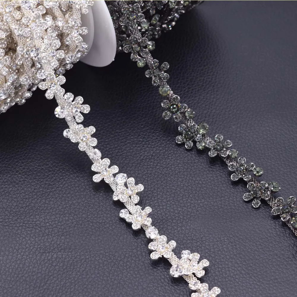 

5 ярдов 1,9 см ширина сплав цветок платье пояс отделка черный алмаз горный хрусталь гематит покрытие Швейные Аппликации для одежды swe on